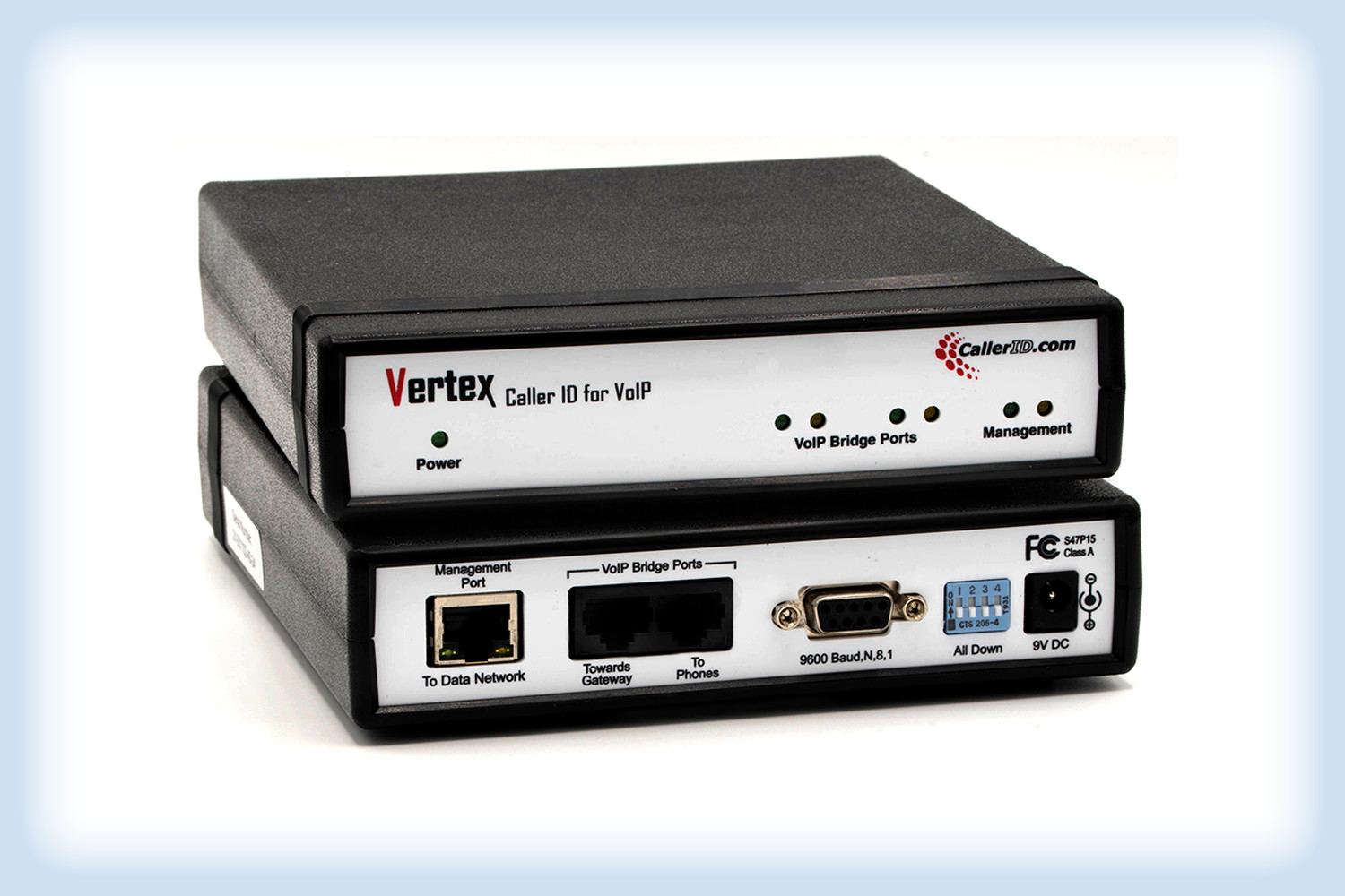 Set of Vertex products showing off the front and back panel. Connections are ethernet for the 'Management Port', 2 ethernet for 'Voip Bridge Ports', RS232 Serial output, 4 switches for configuration, and a barrel jack for power.